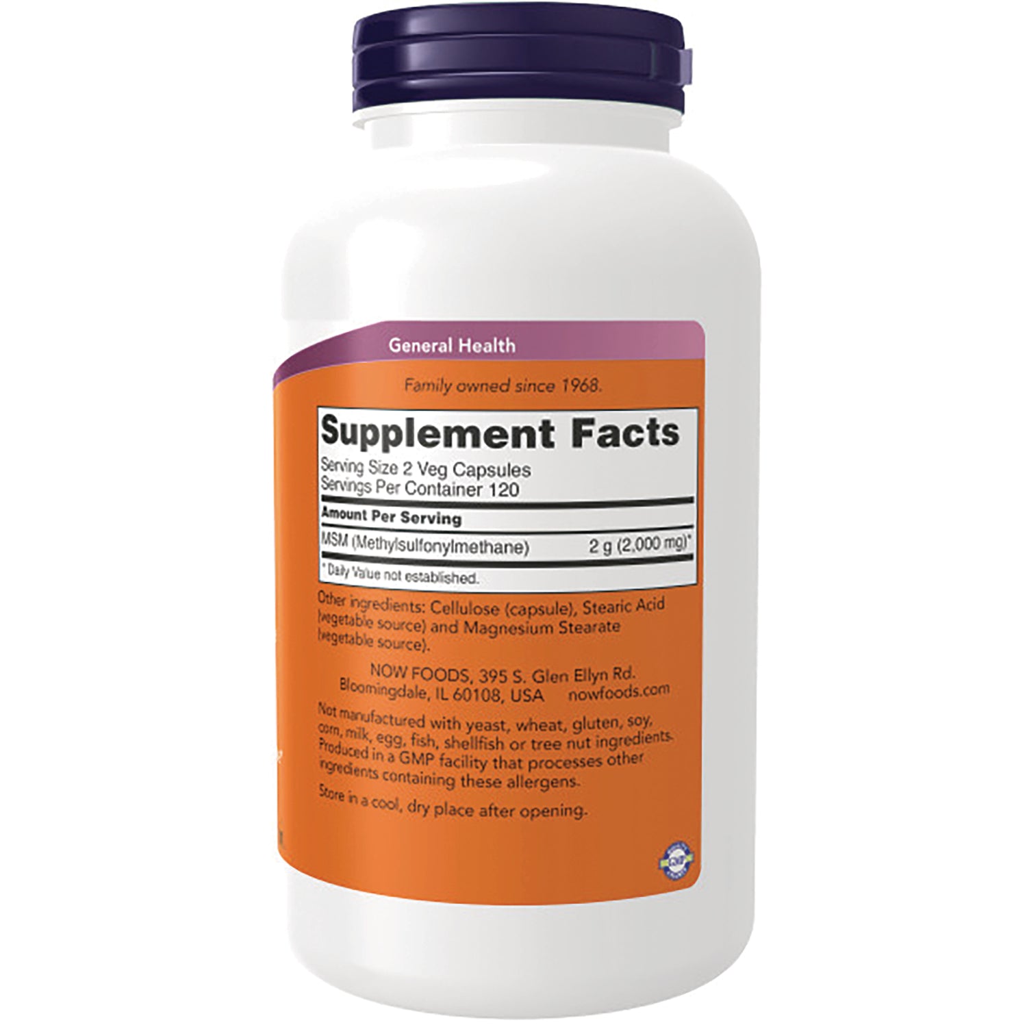 NWF837 | Back of white supplement bottle showing Supplement Facts label with MSM 2 g and other ingredients