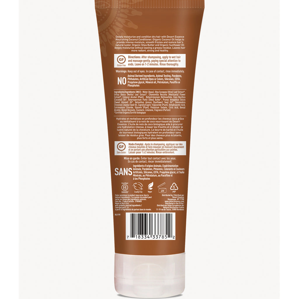 Back of brown conditioner tube showing ingredients, usage directions, certification icons and barcode - Thumbnail