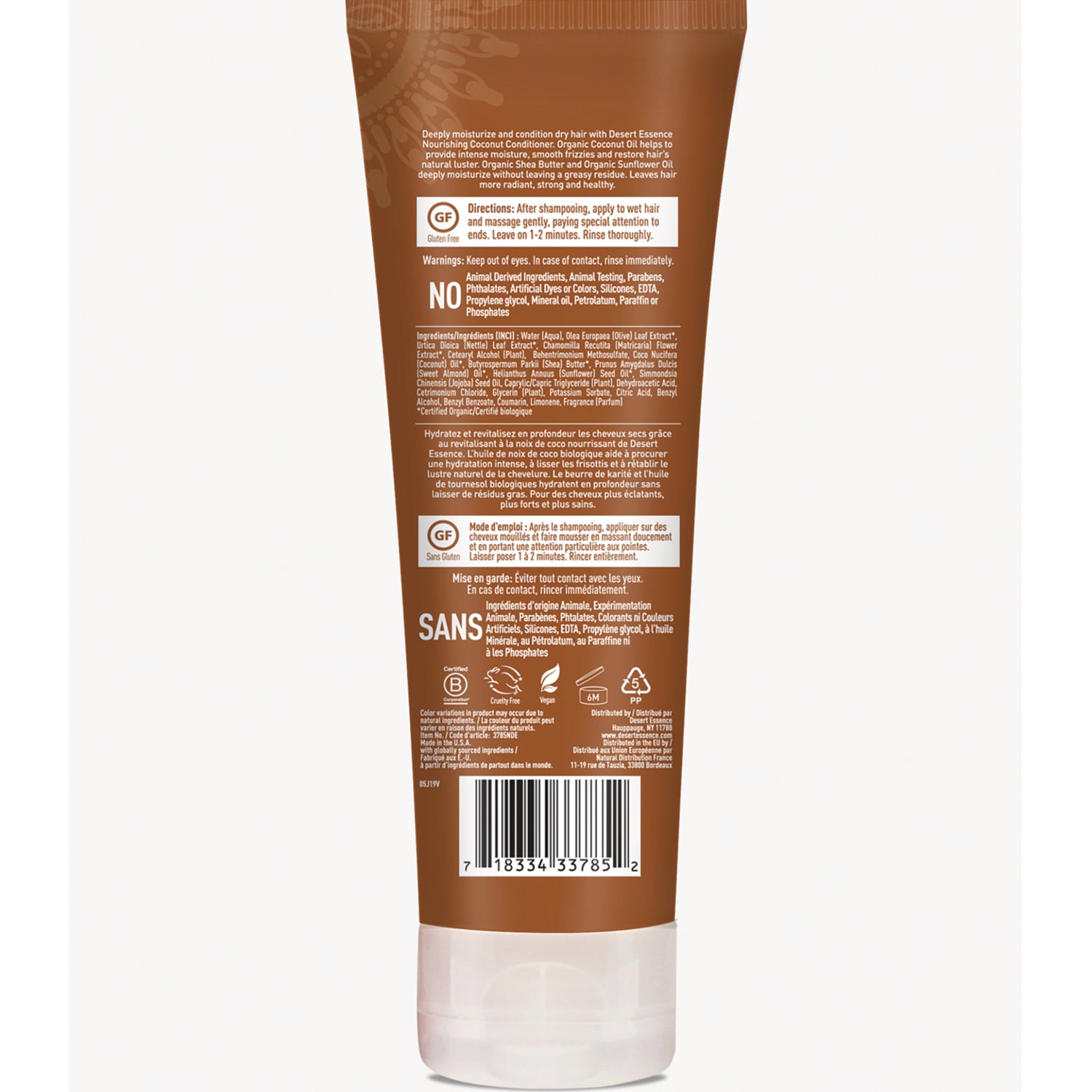 Back of brown conditioner tube showing ingredients, usage directions, certification icons and barcode