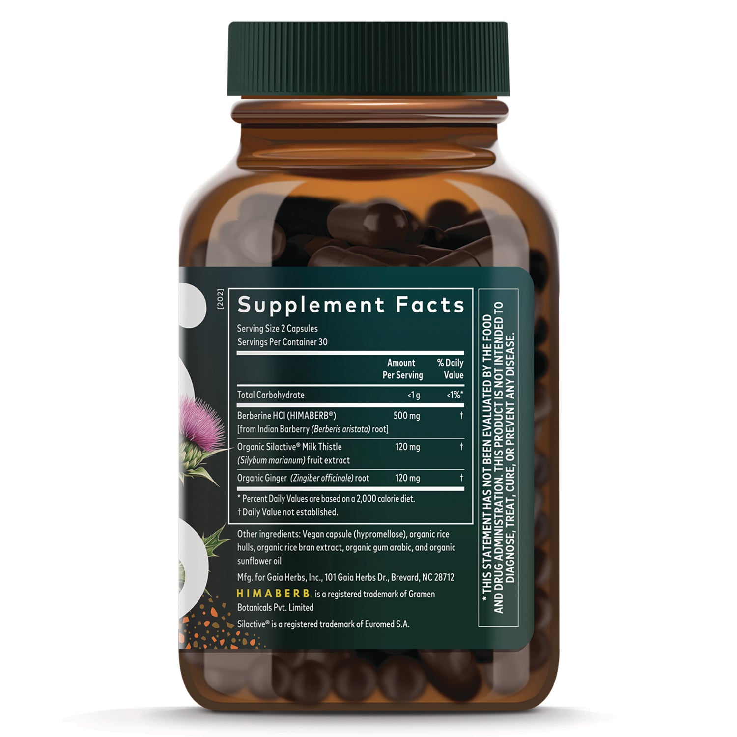 Amber supplement bottle back label showing Supplement Facts panel, ingredient amounts, and serving size