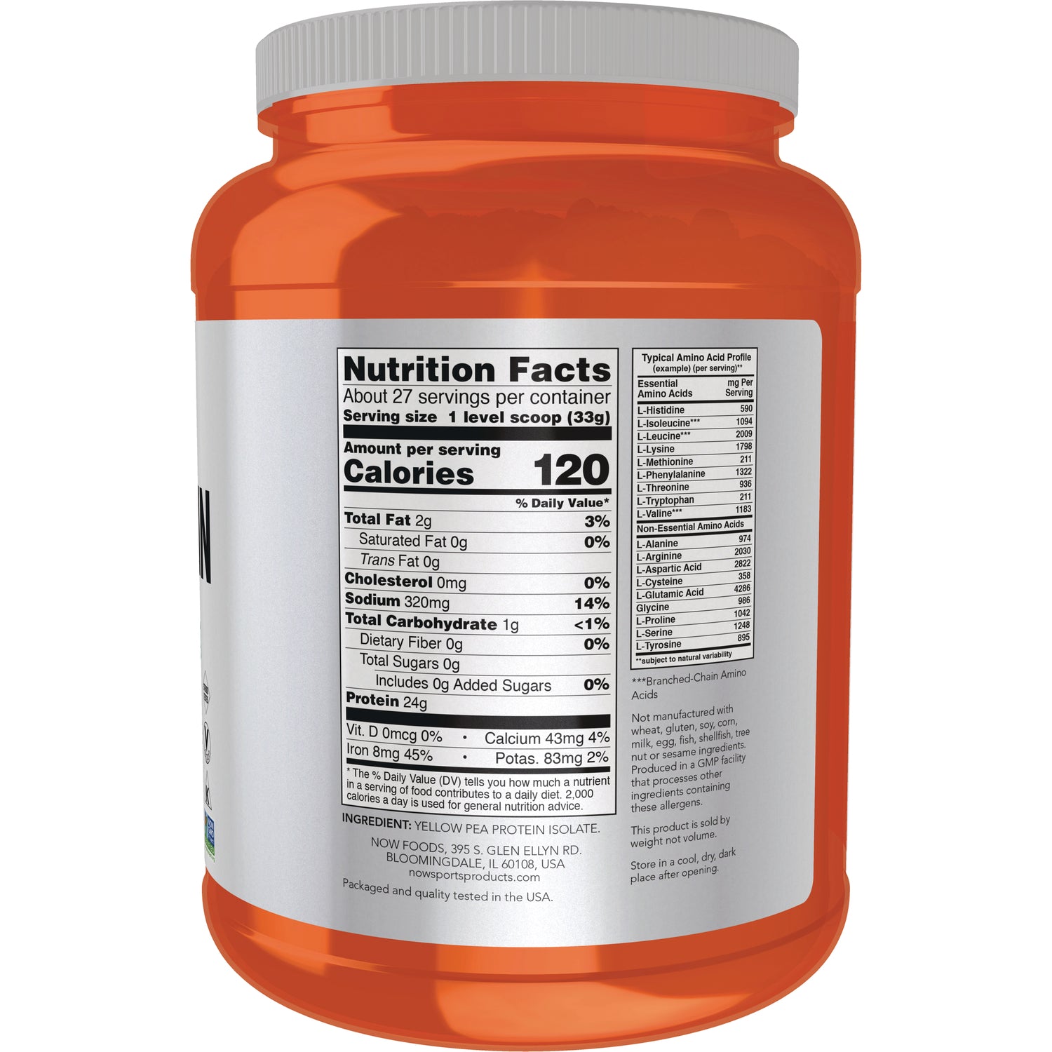 NWF264 | Back label showing Nutrition Facts and amino acid panel on orange supplement jar