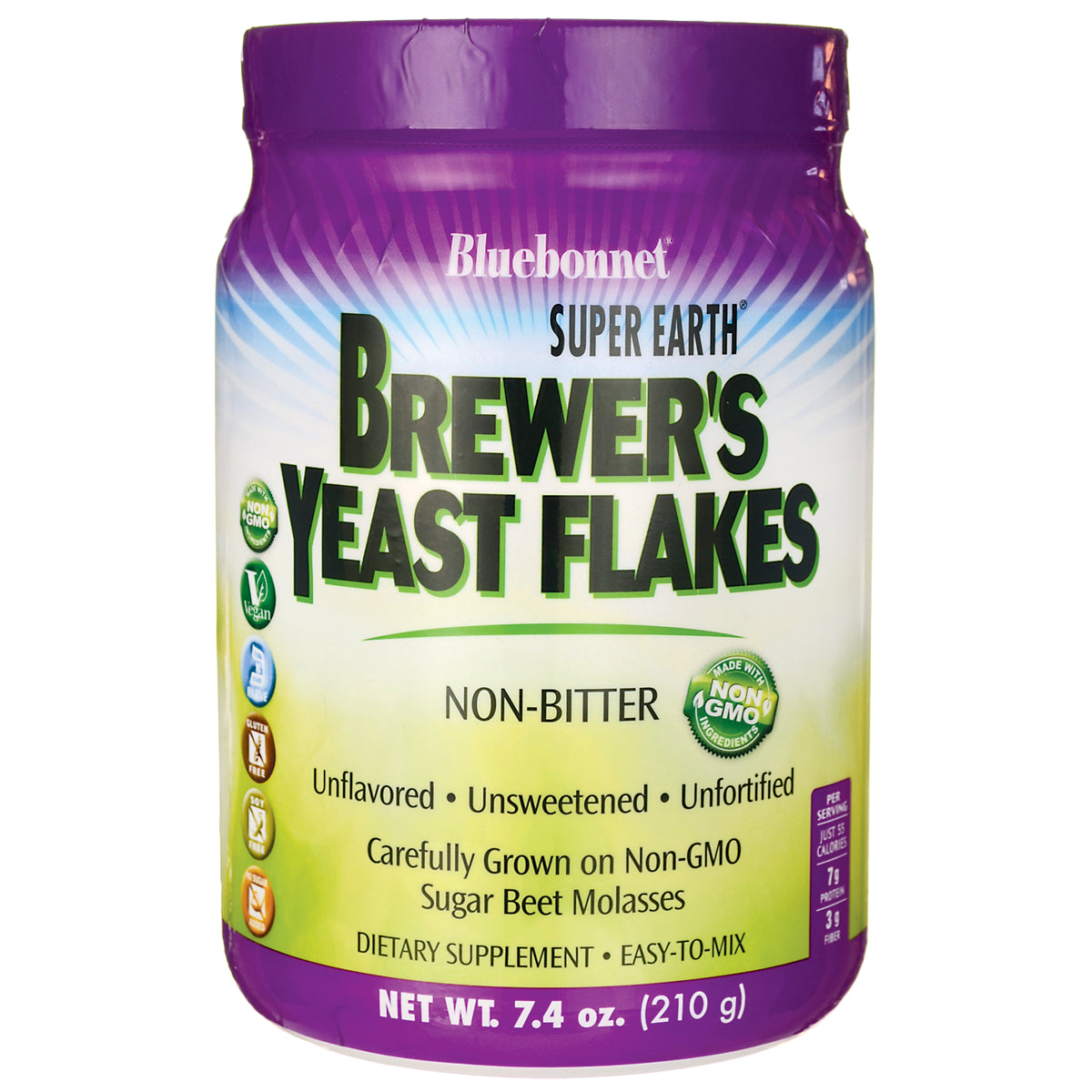 BLU147 | Bluebonnet Super Earth Brewer's Yeast Flakes jar, non-bitter dietary supplement, net wt 7.4 oz (210 g)