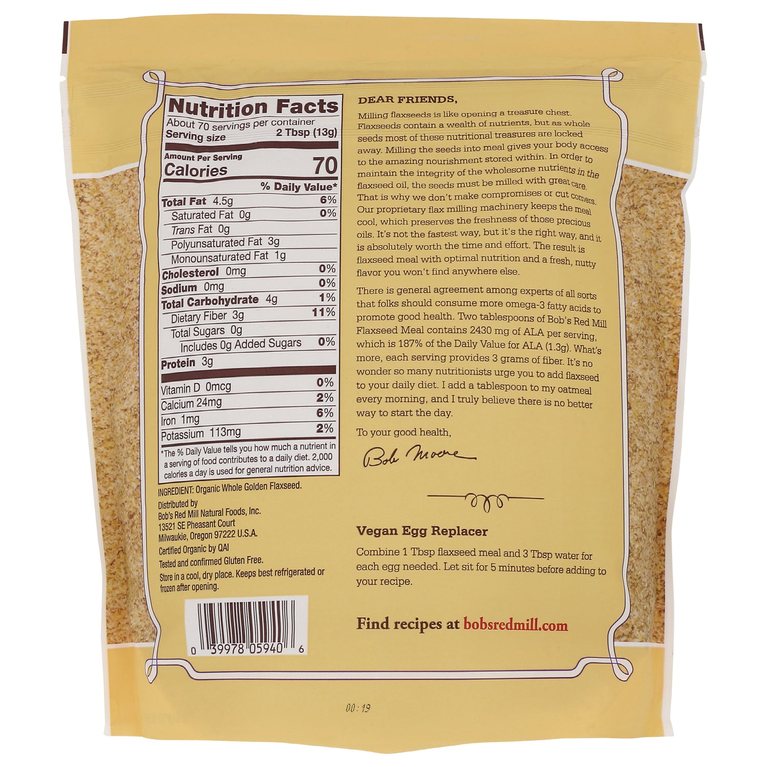 BOB249 | Back of golden flaxseed bag showing Nutrition Facts panel, ingredient list, and vegan egg replacer instructions
