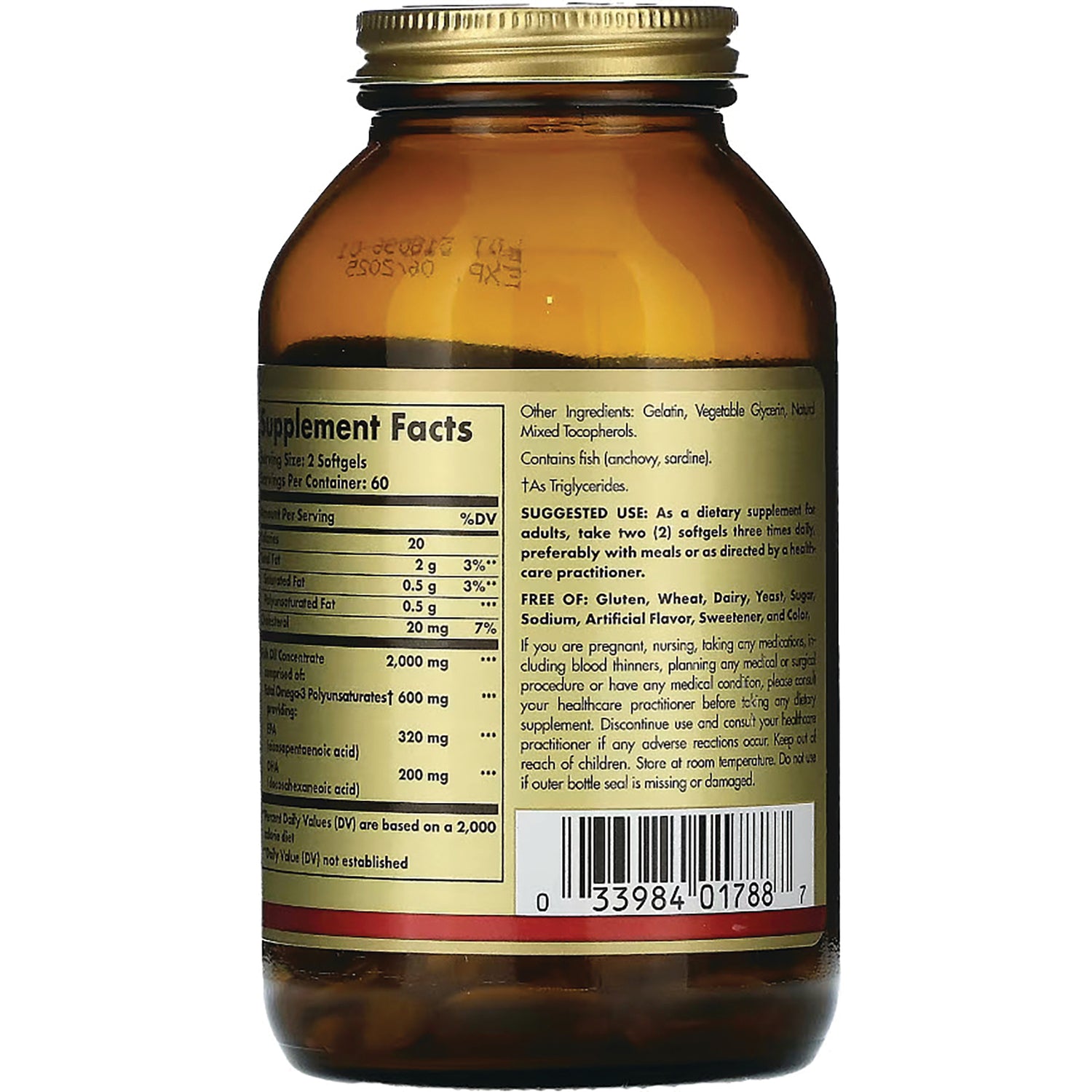 SLG314 | Back of amber supplement bottle showing Supplement Facts panel, ingredients, directions, and barcode
