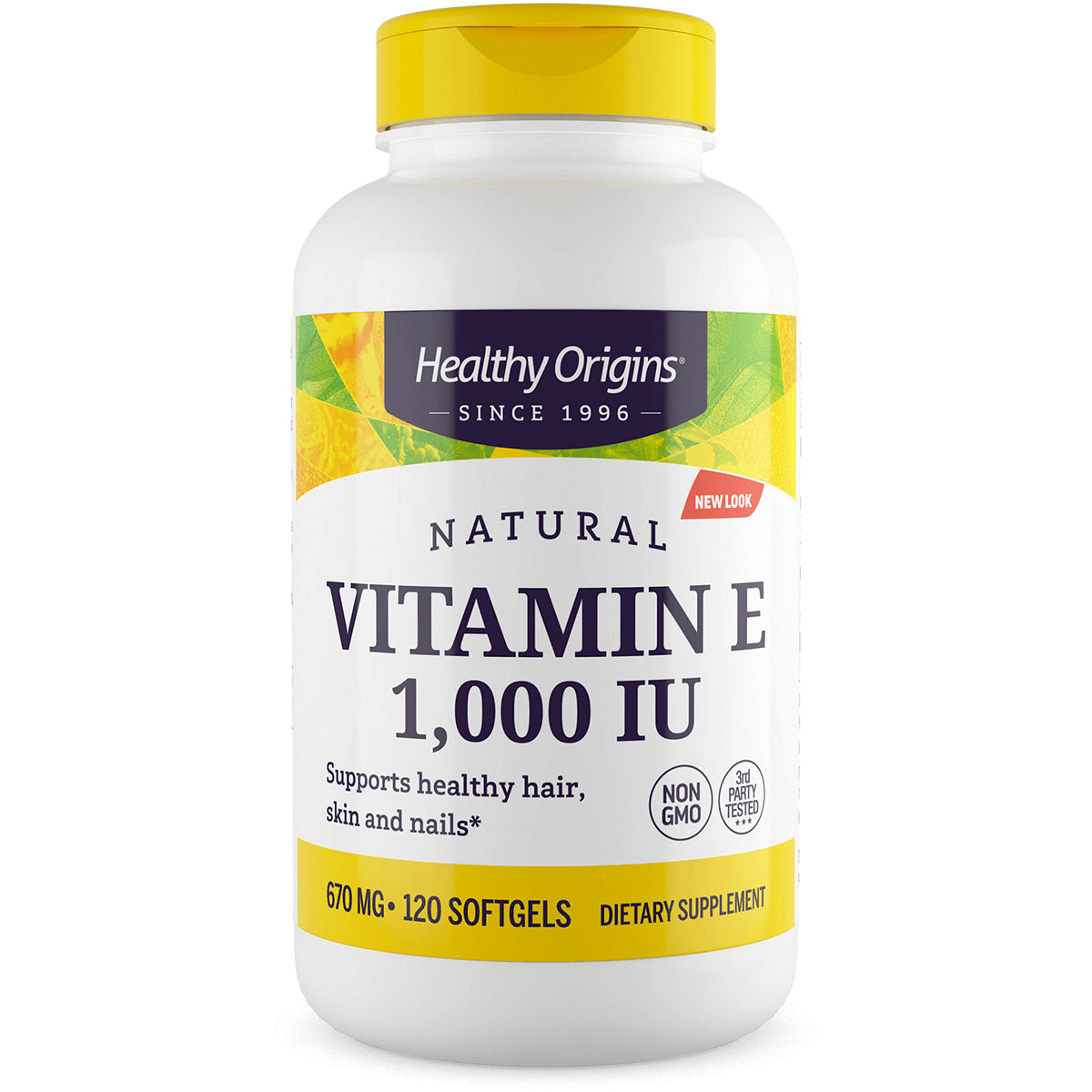 HRG074 | Healthy Origins Natural Vitamin E 1,000 IU white bottle with yellow cap and label, 120 softgels