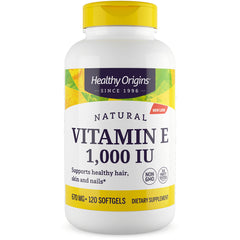 HRG074 | Healthy Origins Natural Vitamin E 1,000 IU white bottle with yellow cap and label, 120 softgels