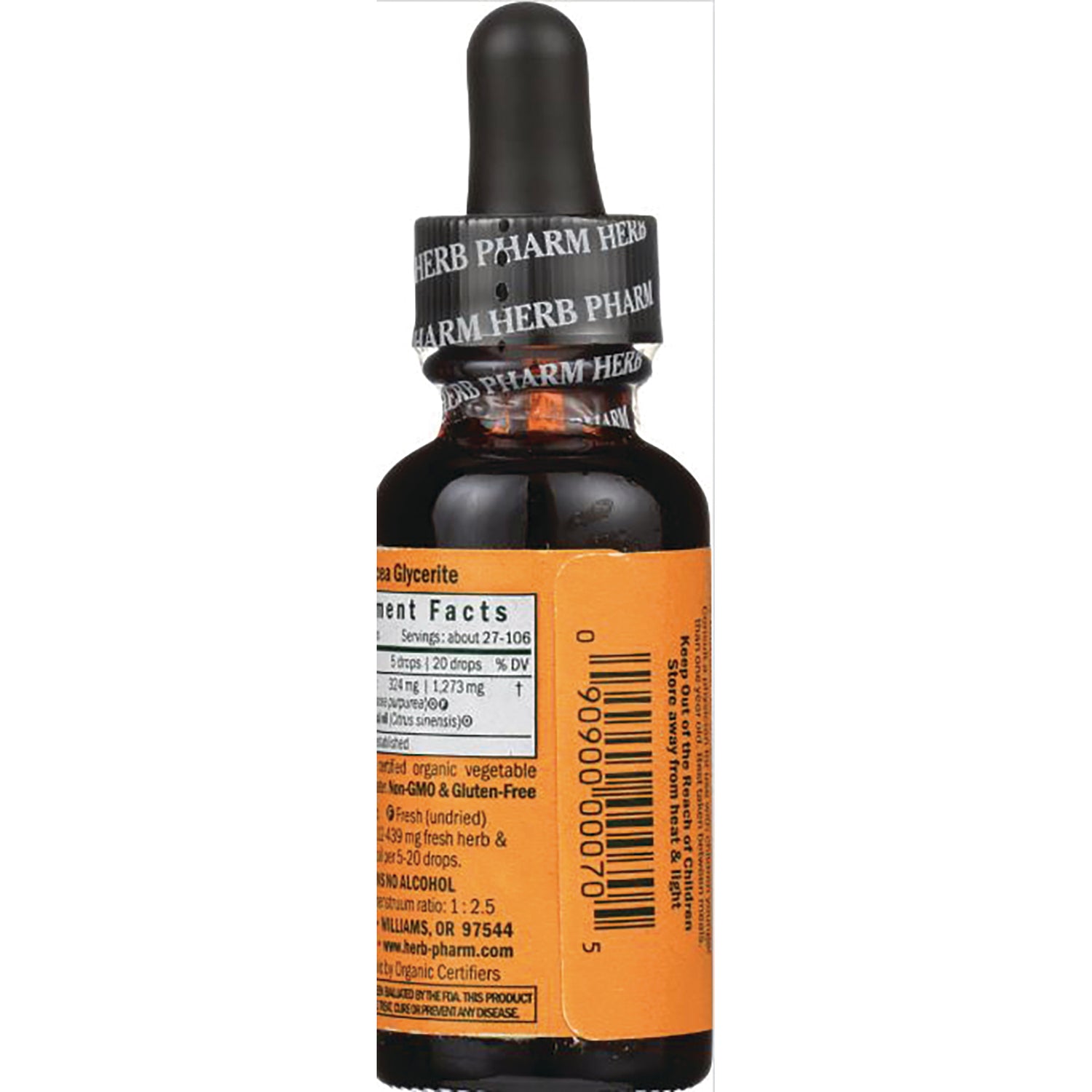 HPH010 | back of amber dropper bottle with orange label showing supplement facts panel and barcode