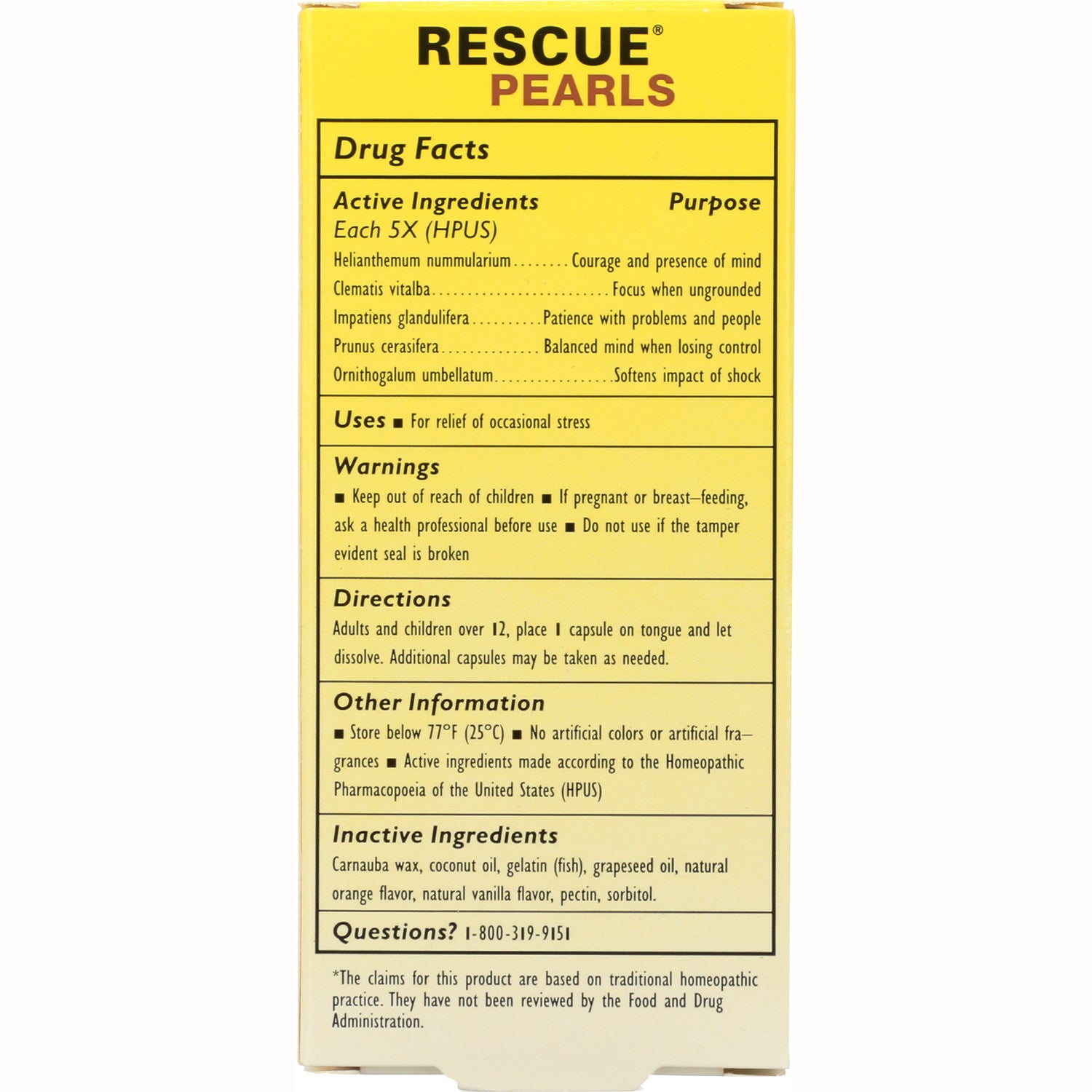 BFL059 | Back panel of Rescue Pearls box showing drug facts, active and inactive ingredients and directions