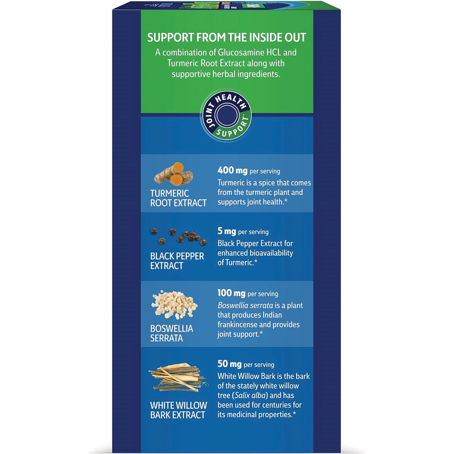 CNT277 | Back panel listing turmeric root extract 400 mg, black pepper 5 mg, boswellia serrata 100 mg, white willow bark 50 mg