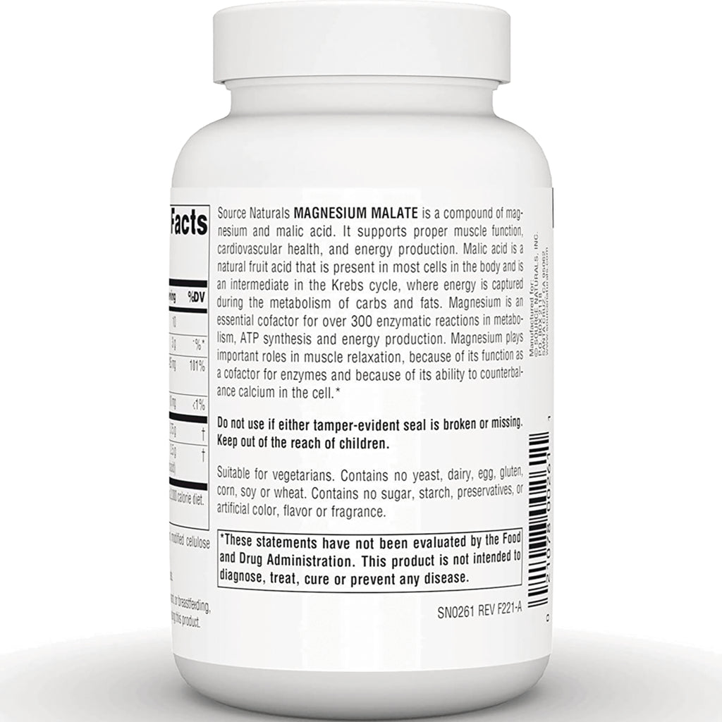 SN390 | Source Naturals Magnesium Malate supplement bottle back label with ingredients, warnings, and barcode - Thumbnail