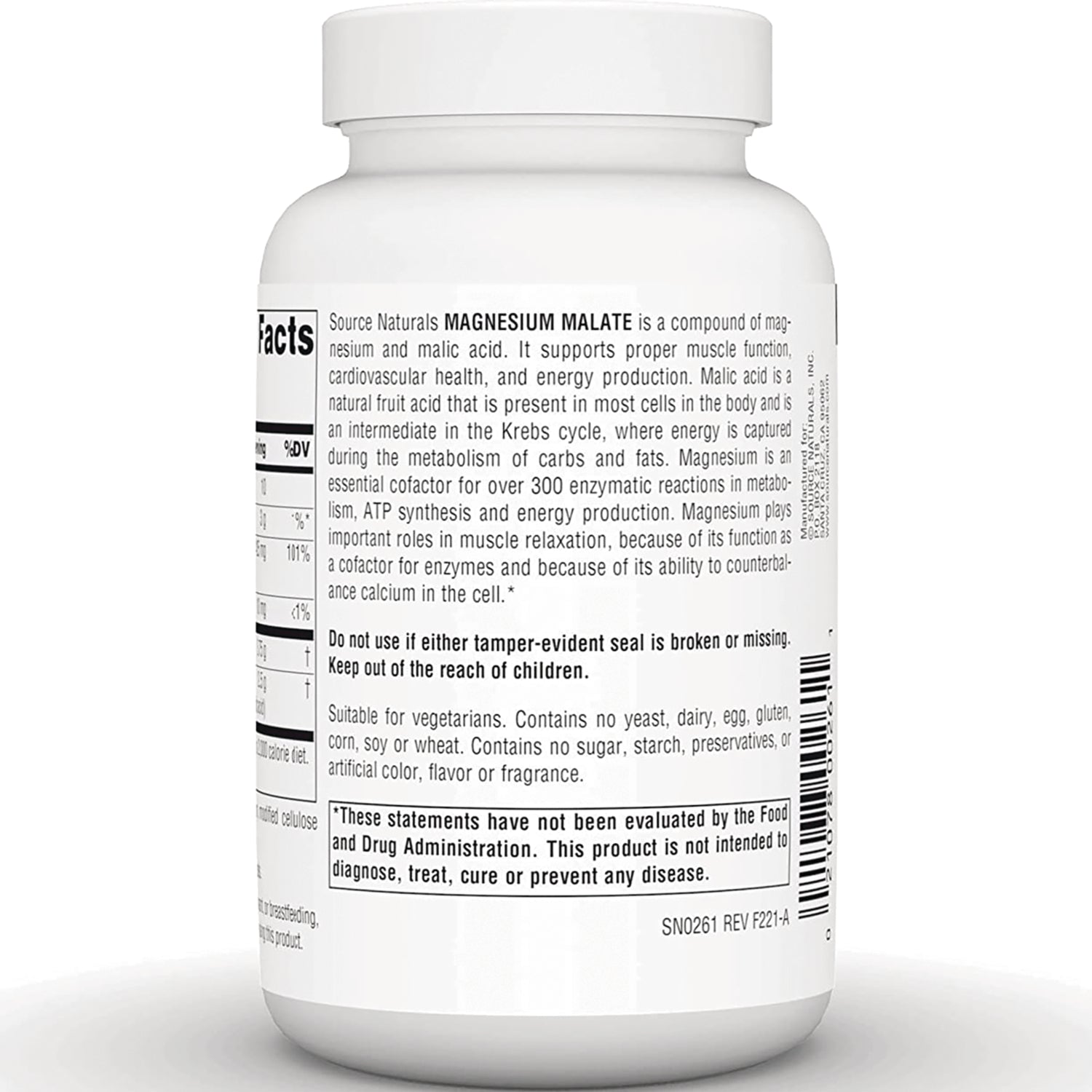 SN390 | Source Naturals Magnesium Malate supplement bottle back label with ingredients, warnings, and barcode