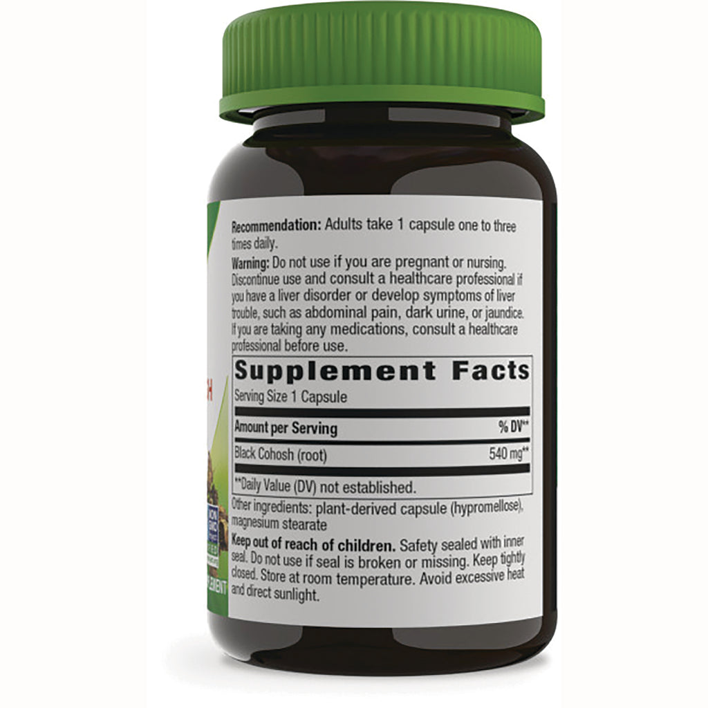 NW114 | back label of brown supplement bottle showing Supplement Facts, Black Cohosh 540 mg and warnings - Thumbnail
