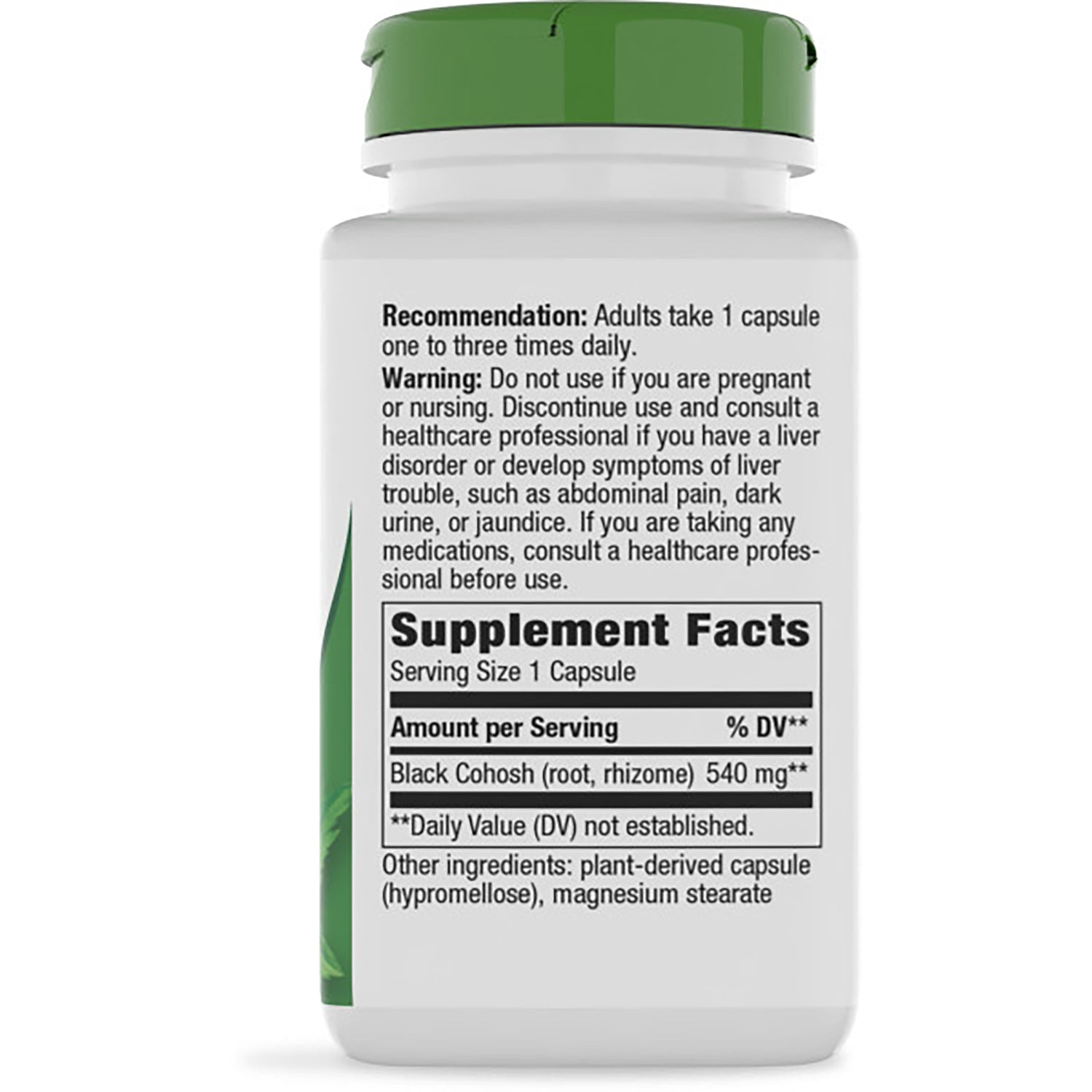 NW114 | back label of brown supplement bottle showing Supplement Facts, Black Cohosh 540 mg and warnings