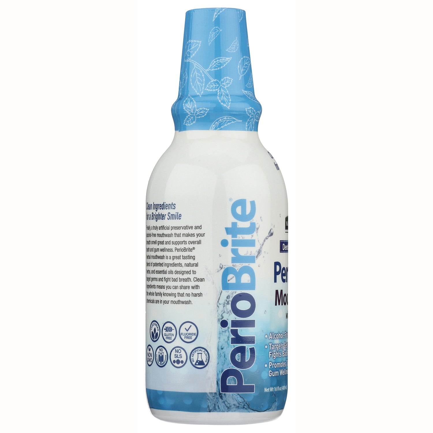 NAT174 | PerioBrite mouthwash bottle side showing label text, benefits and certification icons