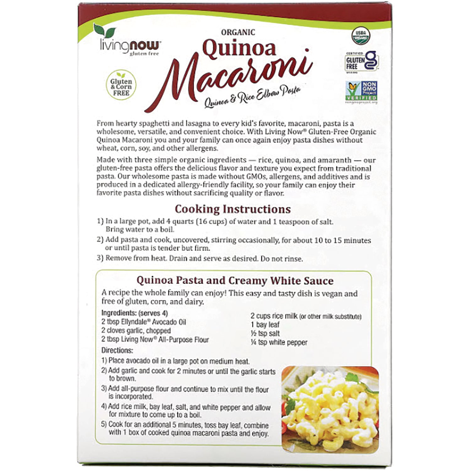 NWF1270 | Living Now organic Quinoa Macaroni box back showing cooking instructions and a quinoa pasta recipe