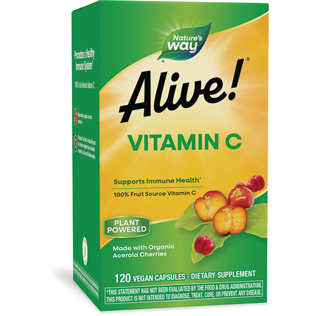 NW649 | Alive! Vitamin C front box, 120 vegan capsules, plant powered, made with organic acerola cherries - Thumbnail