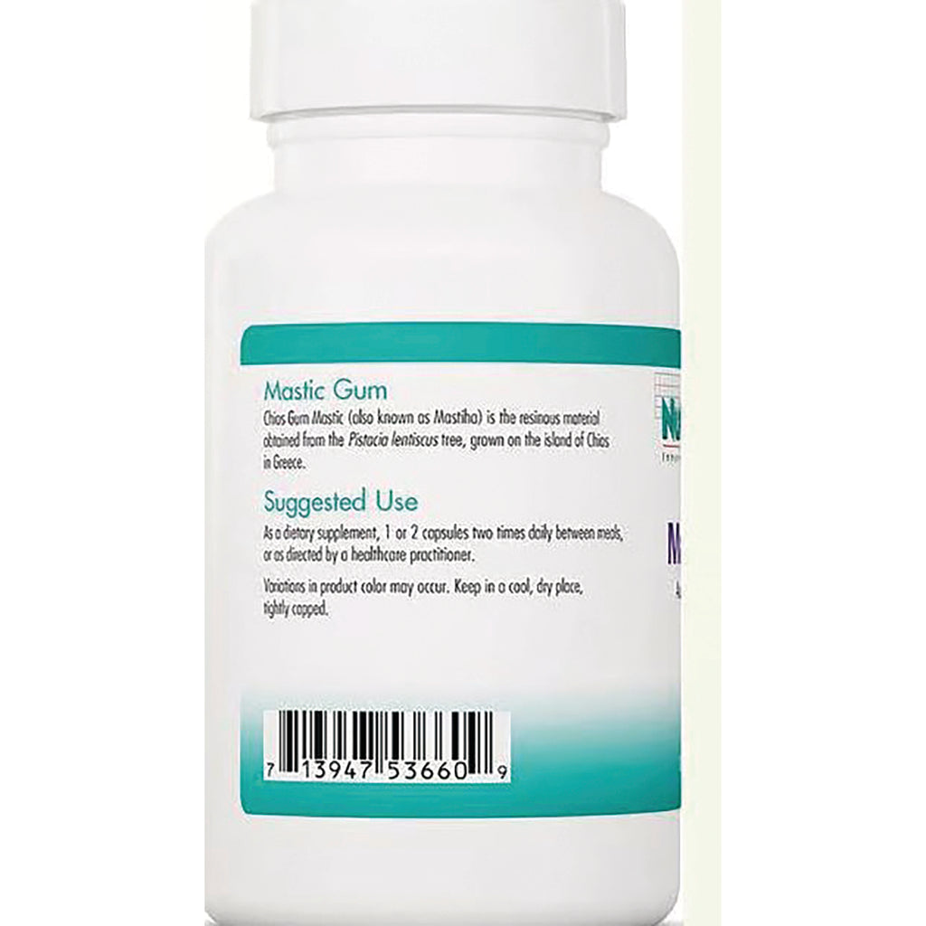 NCL038 | Back of white supplement bottle label showing Mastic Gum heading, suggested use text and barcode - Thumbnail