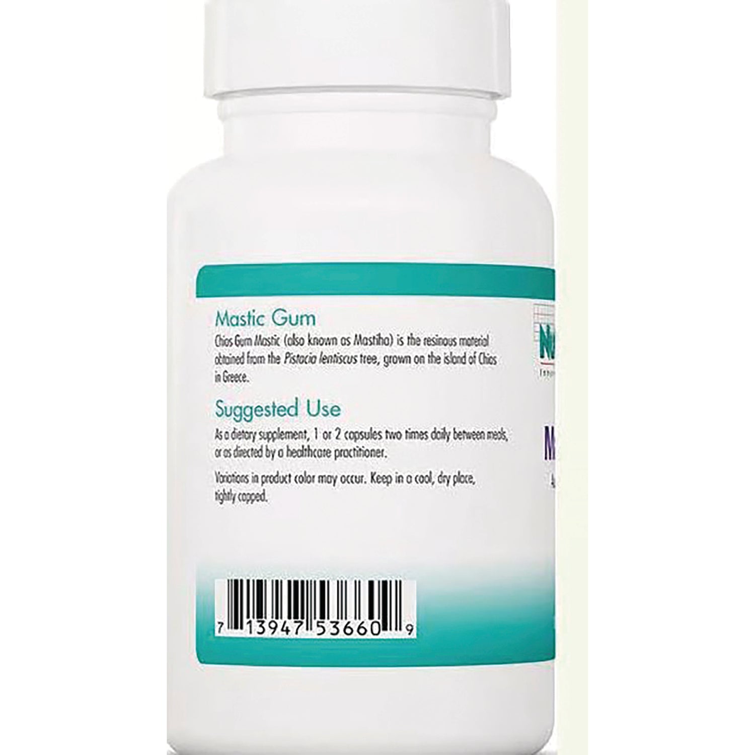 NCL038 | Back of white supplement bottle label showing Mastic Gum heading, suggested use text and barcode