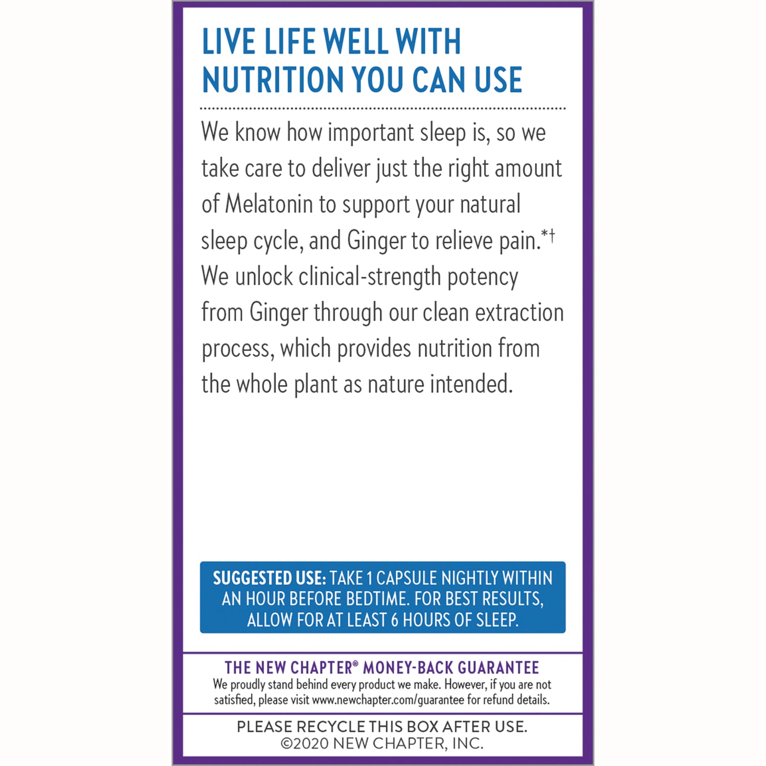 NWC359 | back panel showing product description and suggested use stating Take 1 capsule nightly within an hour before bedtime