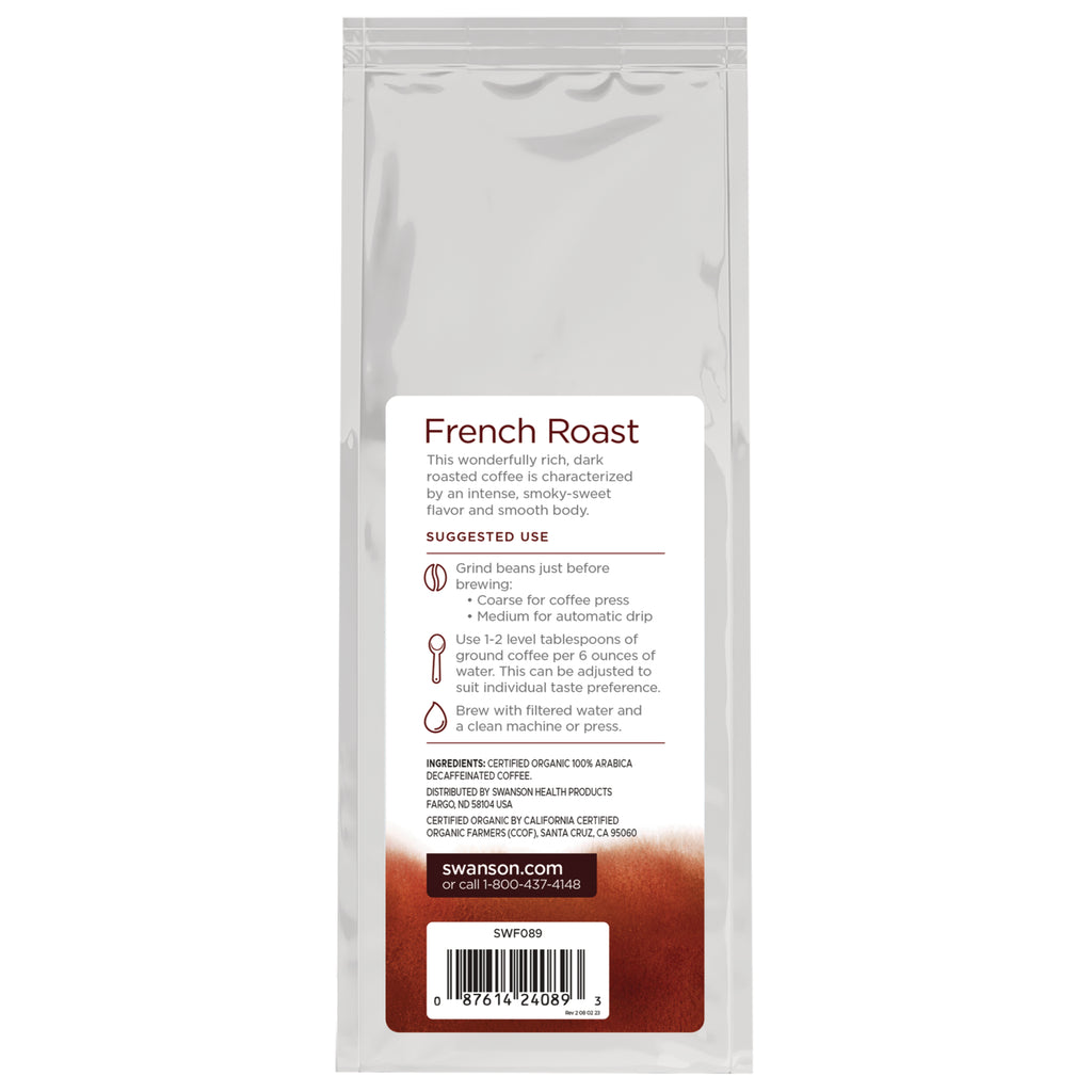 SWF089 | French Roast coffee bag back label with suggested use, ingredients, swanson.com, and barcode - Thumbnail