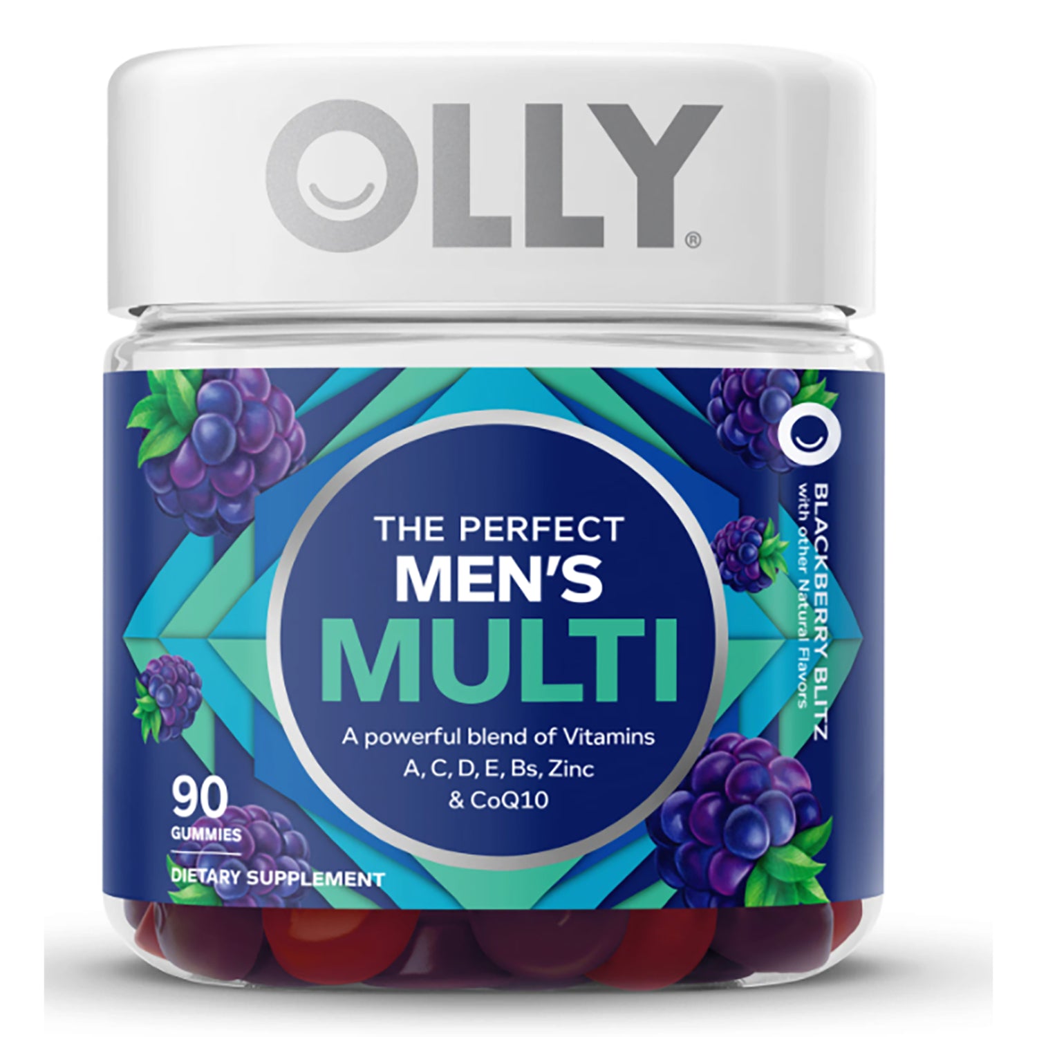 OLY002 | OLLY The Perfect Men's Multi gummy jar with blackberry label, 90 gummies