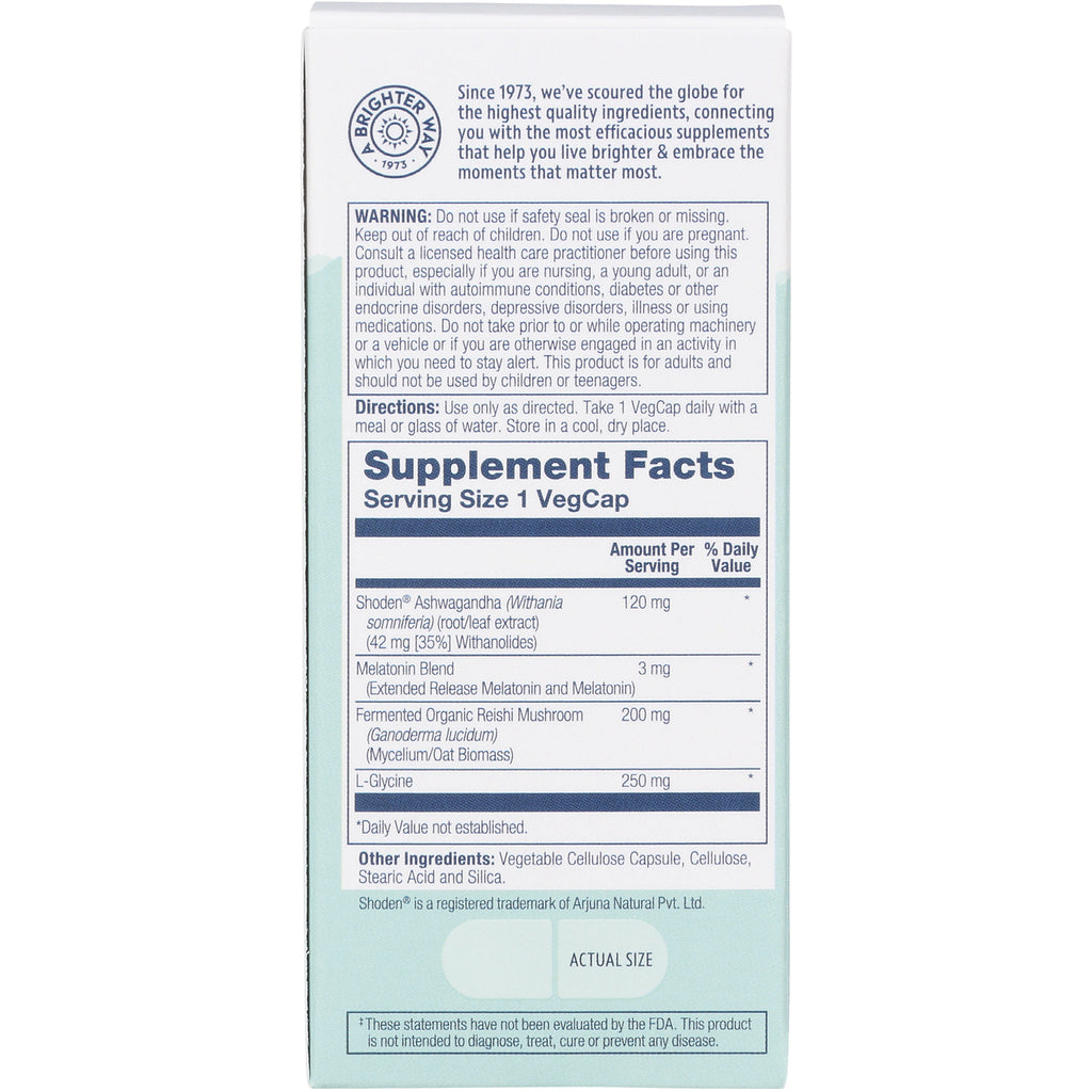 SLR488 | Back panel showing Supplement Facts: Serving Size 1 VegCap; ingredients include Ashwagandha, melatonin, reishi, L-Glycine - Thumbnail