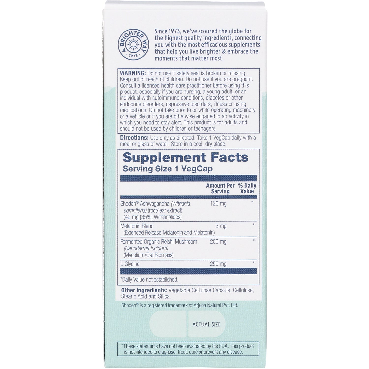 SLR488 | Back panel showing Supplement Facts: Serving Size 1 VegCap; ingredients include Ashwagandha, melatonin, reishi, L-Glycine