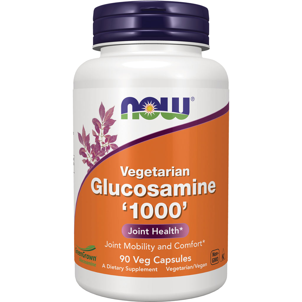 NWF156 | NOW Vegetarian Glucosamine 1000 bottle front label showing 90 Veg Capsules on orange background - Thumbnail