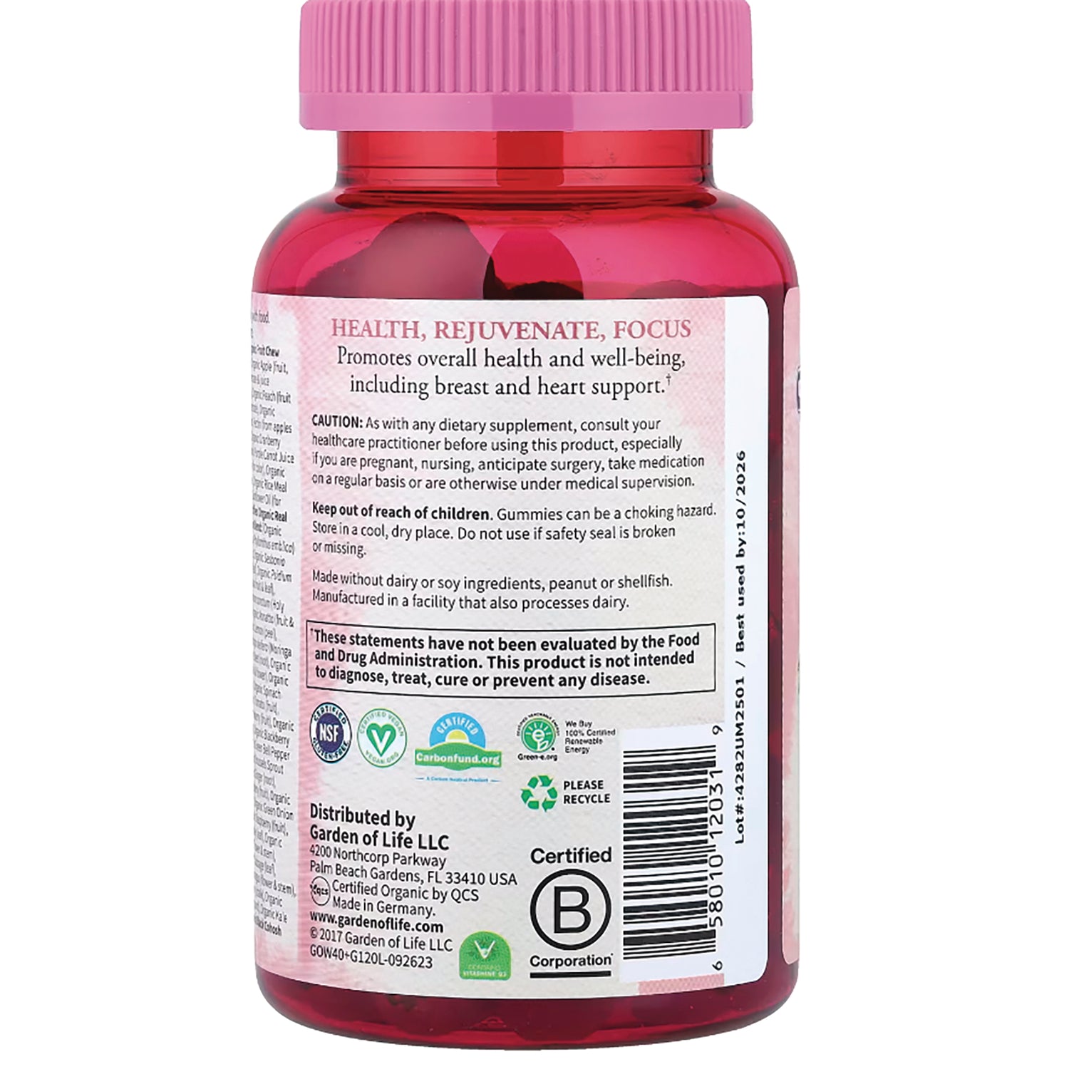 GLF238 | back label reading HEALTH, REJUVENATE, FOCUS with cautions, certifications, barcode and distributor info