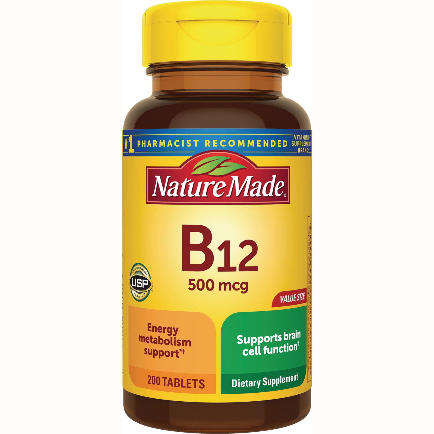 NTM174 | Nature Made B12 500 mcg yellow bottle, 200 tablets dietary supplement