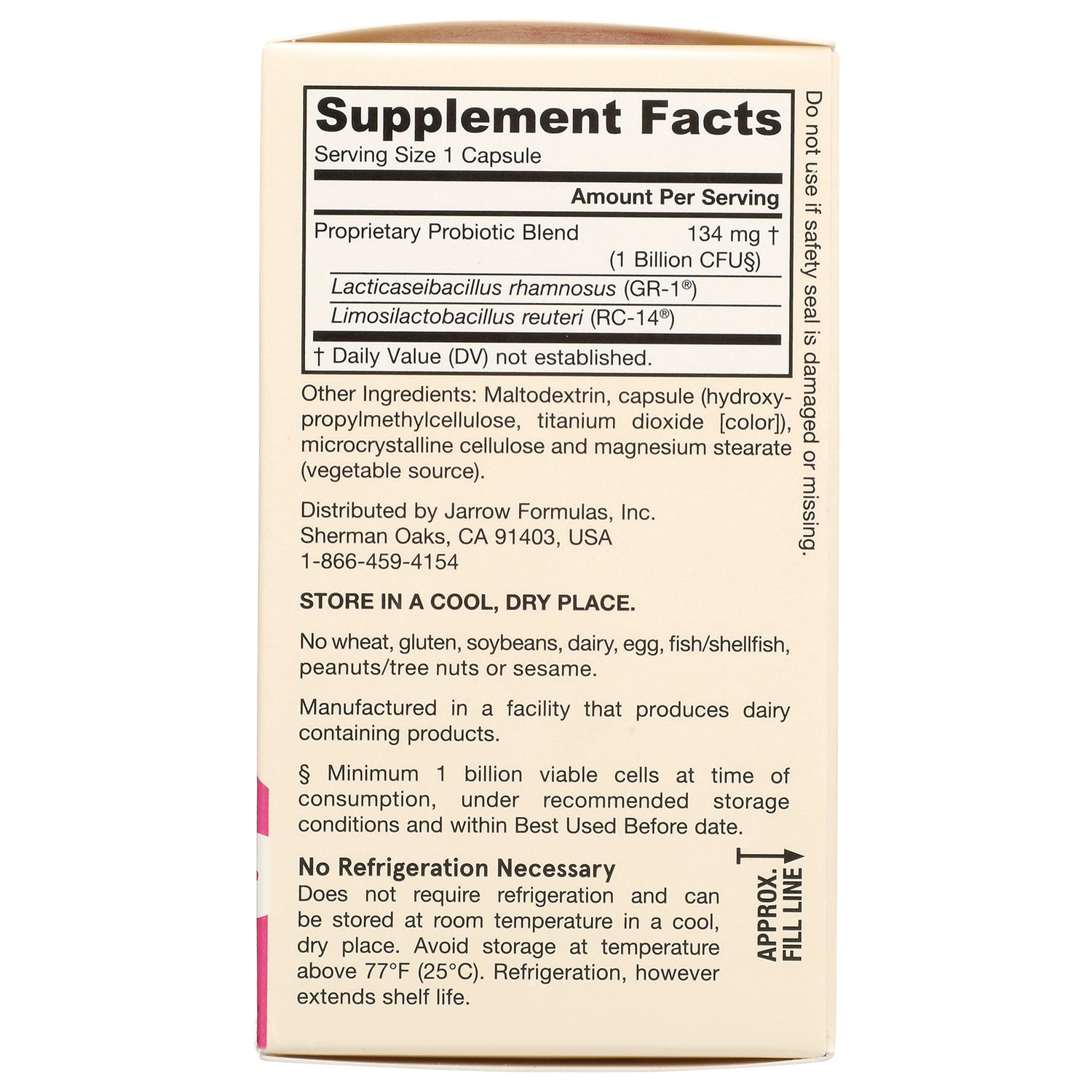 JR294 | Supplement Facts panel and storage instructions on back of beige supplement box