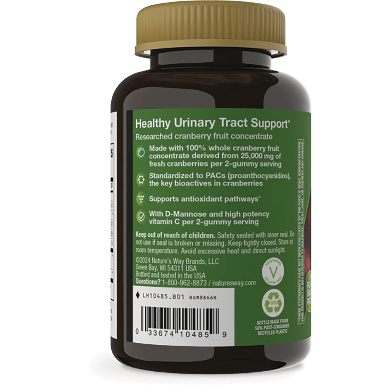 NW1062 | back label of cranberry urinary tract support bottle showing benefits, directions, and barcode