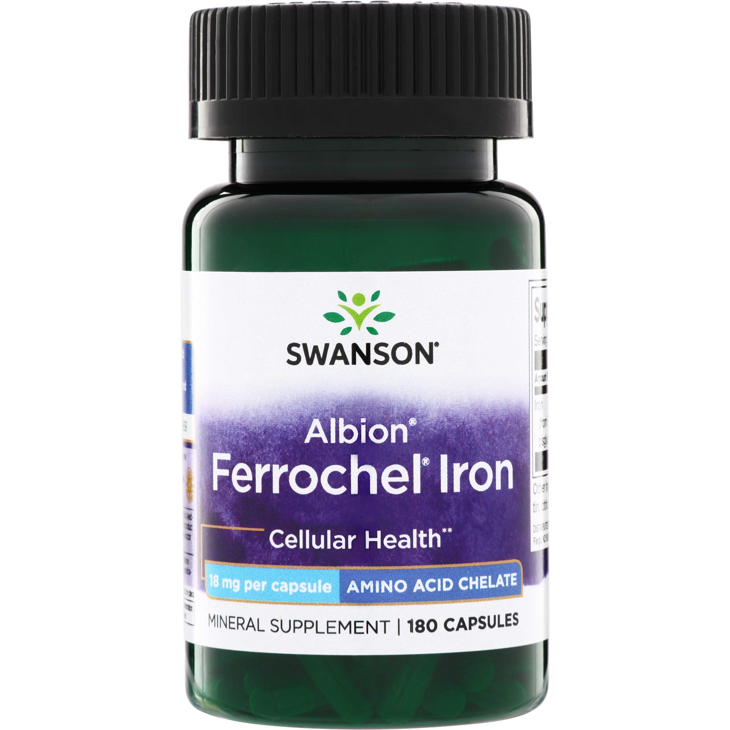 SWU076 | Swanson Albion Ferrochel Iron bottle, Cellular Health, 18 mg per capsule, amino acid chelate, 180 capsules