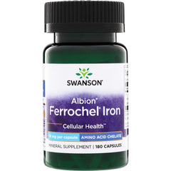 SWU076 | Swanson Albion Ferrochel Iron bottle, Cellular Health, 18 mg per capsule, amino acid chelate, 180 capsules