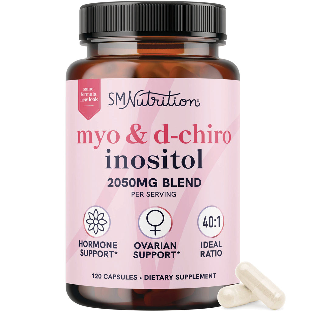 SMT013 | SMNutrition myo & d-chiro inositol 2050MG blend bottle front pink label with two capsules - Thumbnail