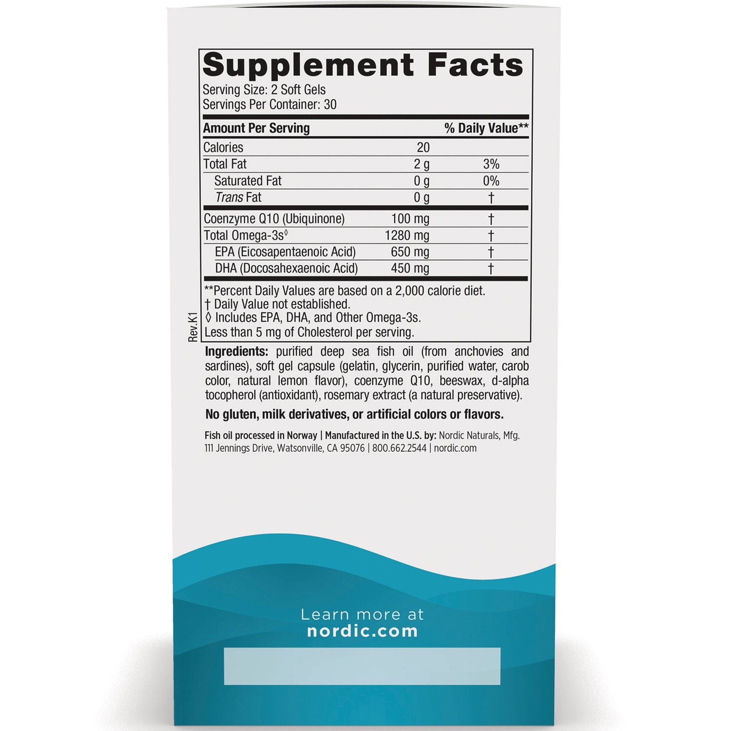 NRN051 | Back panel showing Supplement Facts table, ingredients list, and nordic.com website