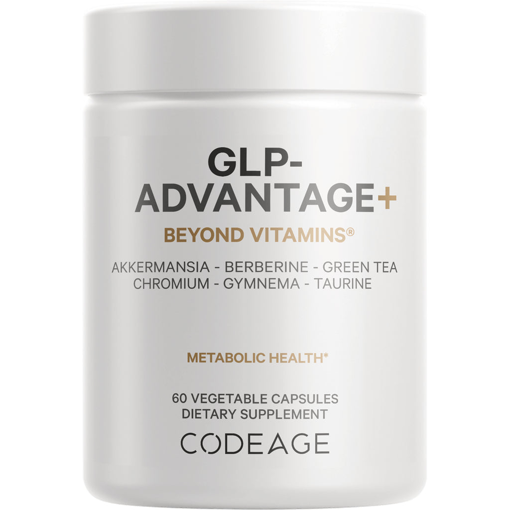 CDG002 | White supplement bottle labeled GLP-ADVANTAGE+ BEYOND VITAMINS, 60 vegetable capsules, Codeage logo - Thumbnail