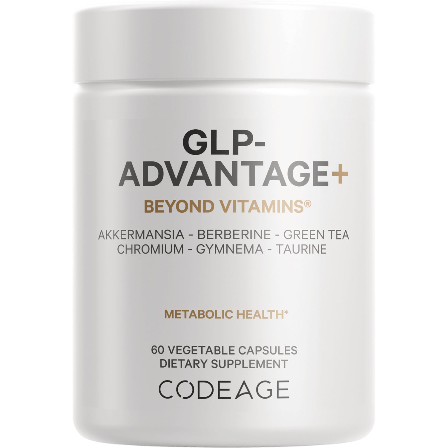 CDG002 | White supplement bottle labeled GLP-ADVANTAGE+ BEYOND VITAMINS, 60 vegetable capsules, Codeage logo