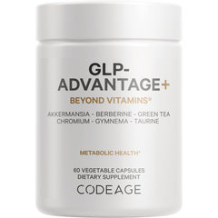 CDG002 | White supplement bottle labeled GLP-ADVANTAGE+ BEYOND VITAMINS, 60 vegetable capsules, Codeage logo