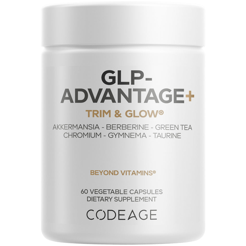 CDG002 | White supplement bottle labeled GLP-ADVANTAGE+ BEYOND VITAMINS, 60 vegetable capsules, Codeage logo - Thumbnail