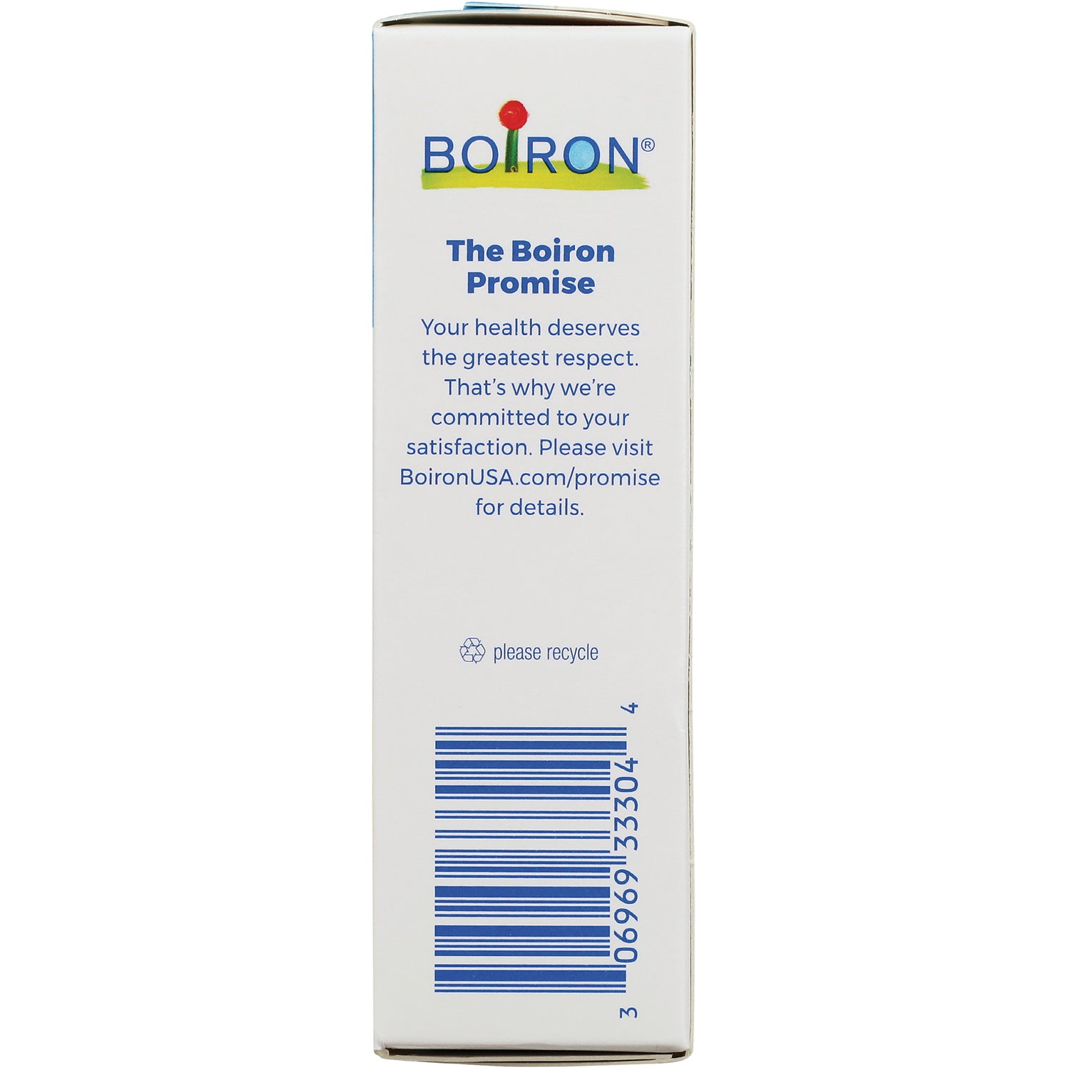 BRN125 | side panel showing The Boiron Promise text, recycle symbol and barcode