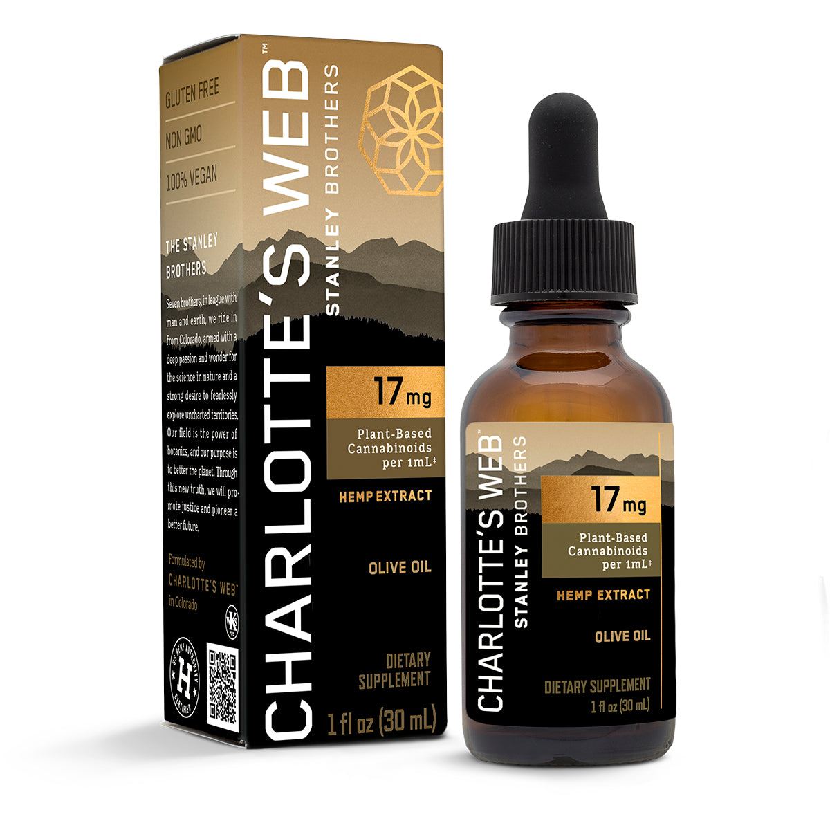 CHW007 | Charlotte's Web hemp extract 17 mg olive oil dropper bottle with product box, 1 fl oz