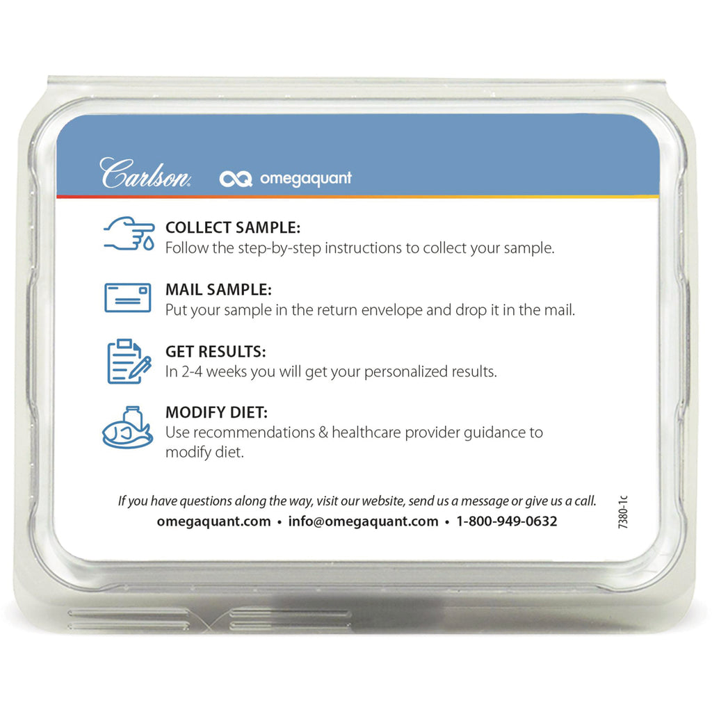 CSN285 | Back of test kit with omegaquant and Carlson logos and step-by-step instructions to collect, mail sample, get results, modify diet - Thumbnail