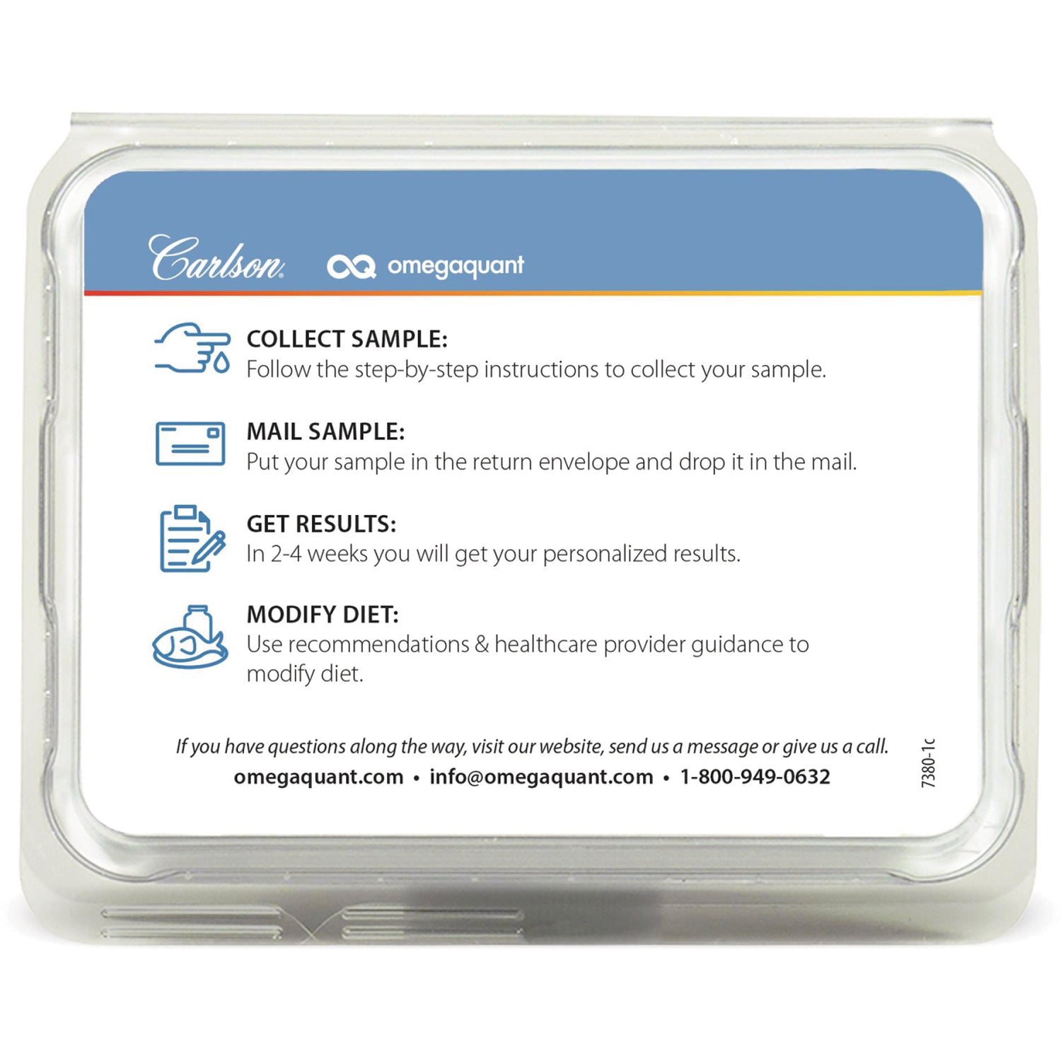 CSN285 | Back of test kit with omegaquant and Carlson logos and step-by-step instructions to collect, mail sample, get results, modify diet