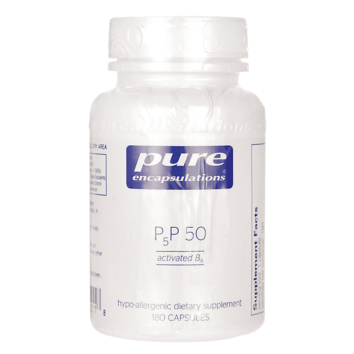 PRN092 | white Pure Encapsulations bottle labeled P5P 50 activated B6, 180 capsules