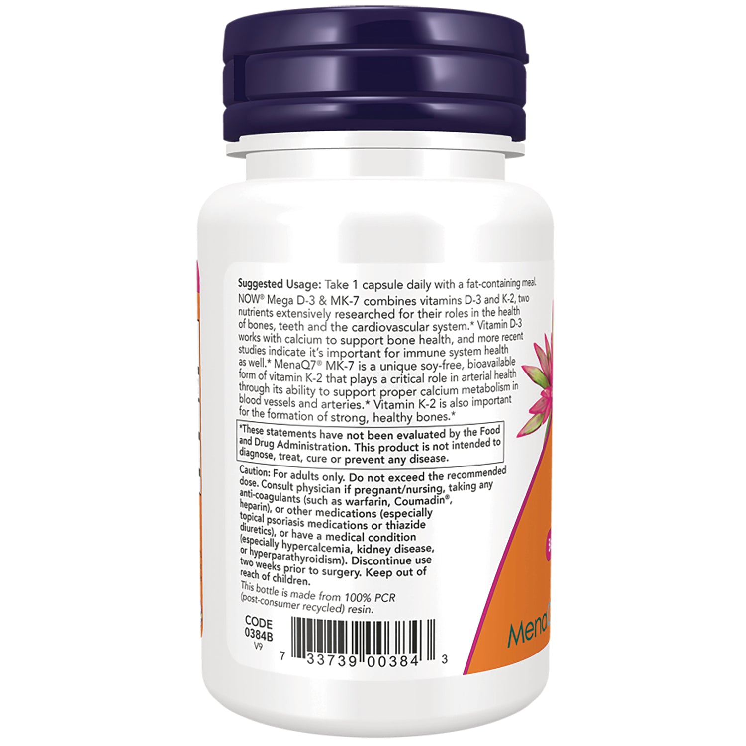 NWF1376 | Back label of white supplement bottle showing suggested usage, cautions and barcode