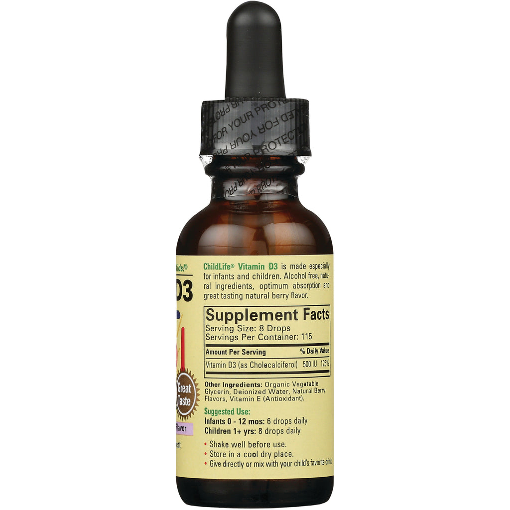 CHL012 | back of amber dropper bottle showing Supplement Facts label for ChildLife Vitamin D3 with serving size and ingredients - Thumbnail