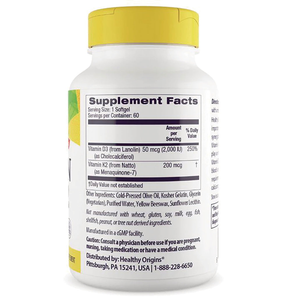 HRG183 | Back label showing Supplement Facts panel and ingredients for Vitamin D3 and K2 softgel bottle - Thumbnail