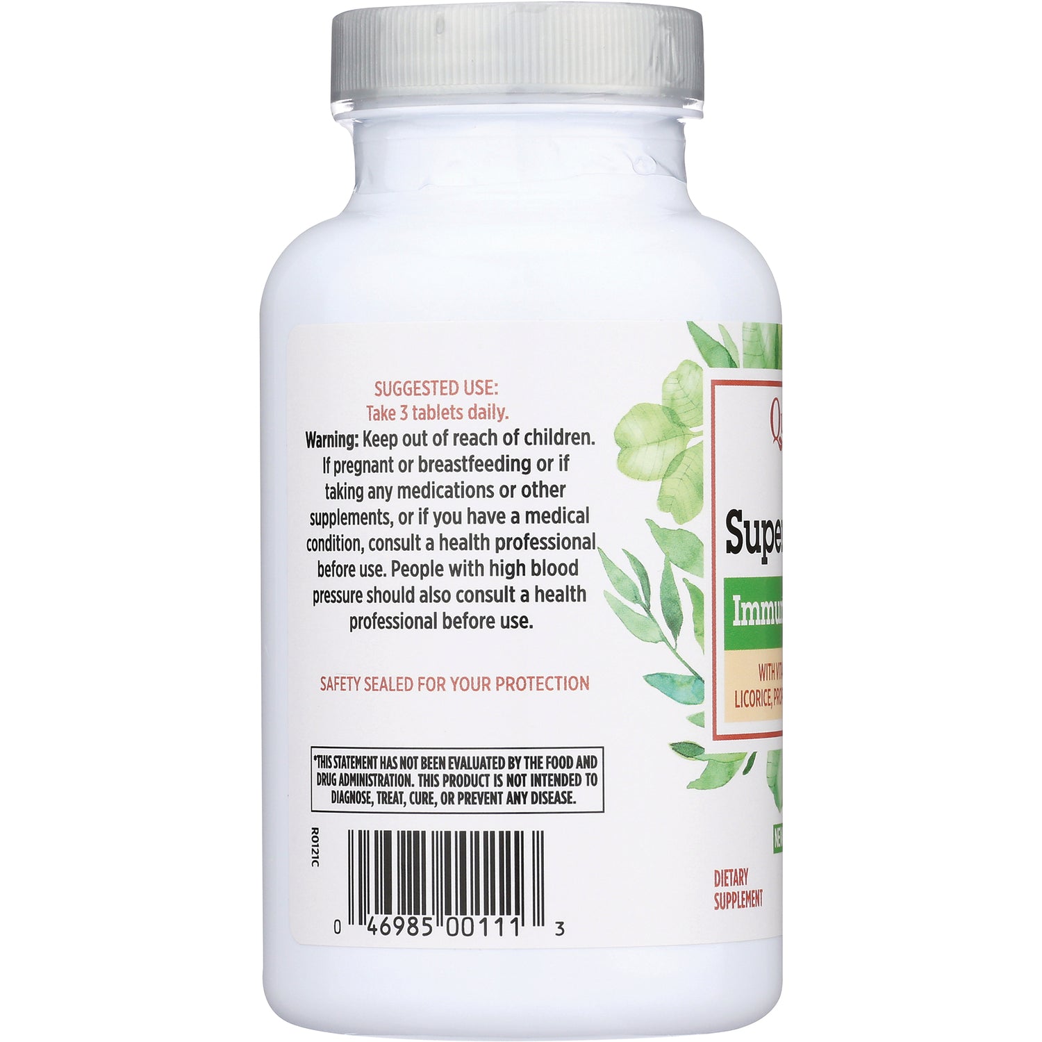 QU029 | Back of white supplement bottle showing suggested use and warning text, barcode and safety sealed label