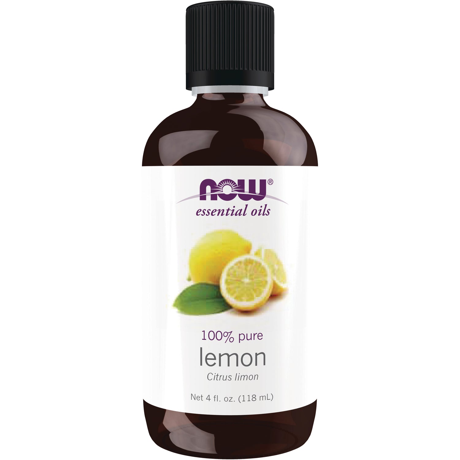 NWF488 | NOW essential oils 100% pure lemon (Citrus limon) amber 4 fl oz bottle with lemon image